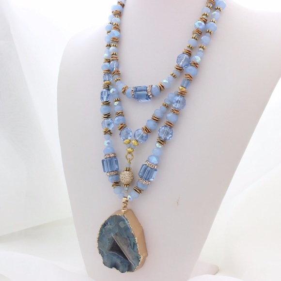 Sky Blue Crystals Multi Strand Agate Layered Necklace - Picture 7 of 7